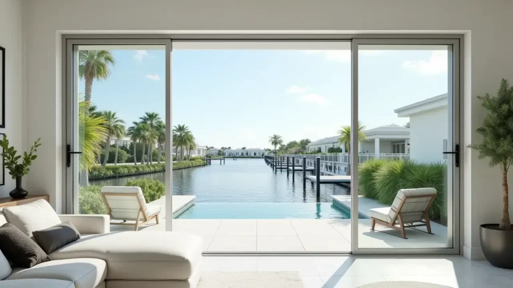 Impact sliding glass doors facing a waterfront canal and pool in a Palm Beach luxury home with storm-resistant glass.