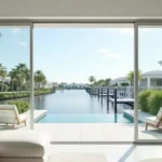 Impact sliding glass doors facing a waterfront canal and pool in a Palm Beach luxury home with storm-resistant glass.