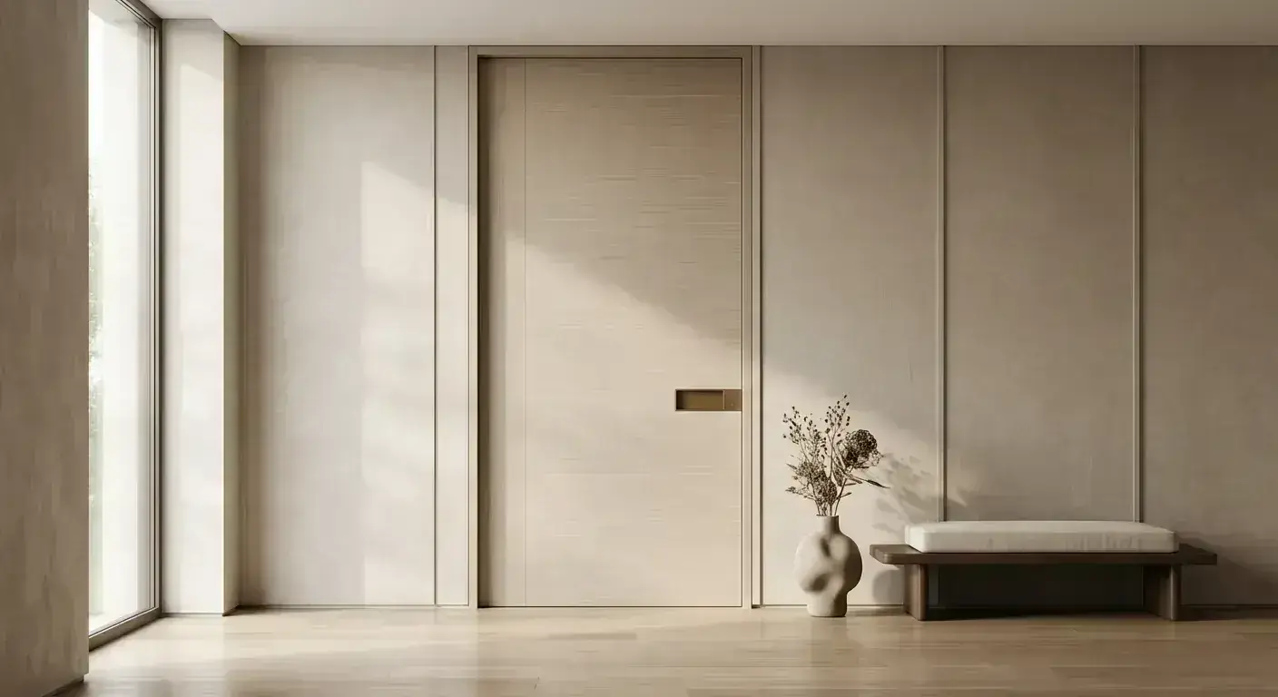 White flush interior door with minimalist panels in a bright South Florida interior.