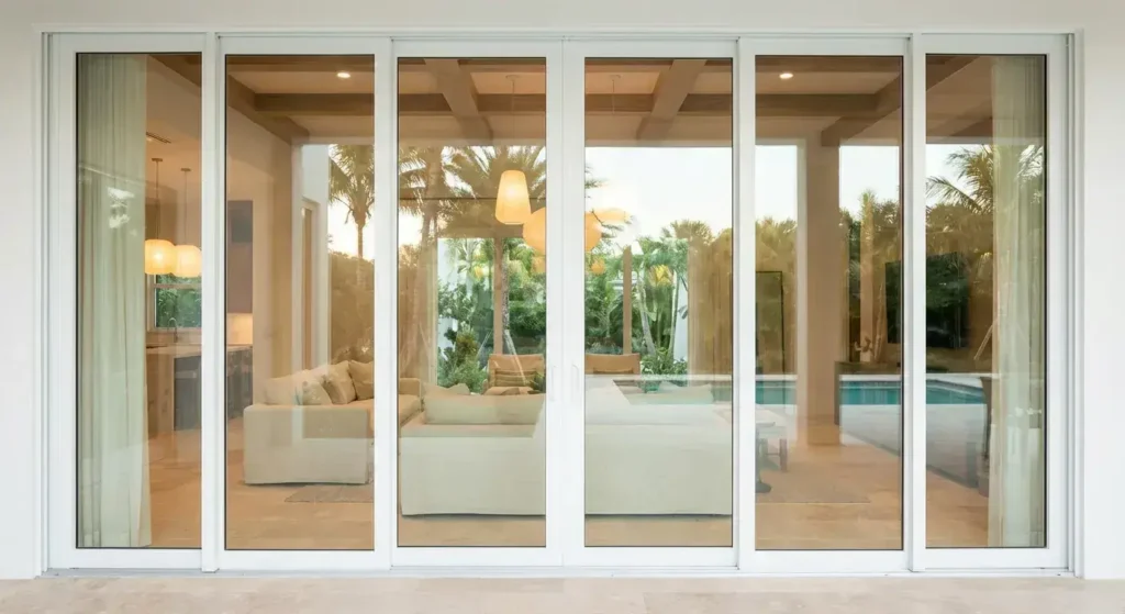 White impact sliding glass doors in a contemporary South Florida home, providing hurricane protection and natural light.