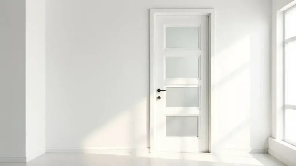 White interior door with frosted glass panels in a bright modern home.