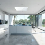 Kitchen Lakefront Fort Lauderdale kitchen with glossy white cabinetry, striking blue quartz backsplash and island, floor-to-ceiling glass doors, and serene water views.