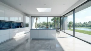 Lakefront Fort Lauderdale kitchen with glossy white cabinetry, striking blue quartz backsplash and island, floor-to-ceiling glass doors, and serene water views.