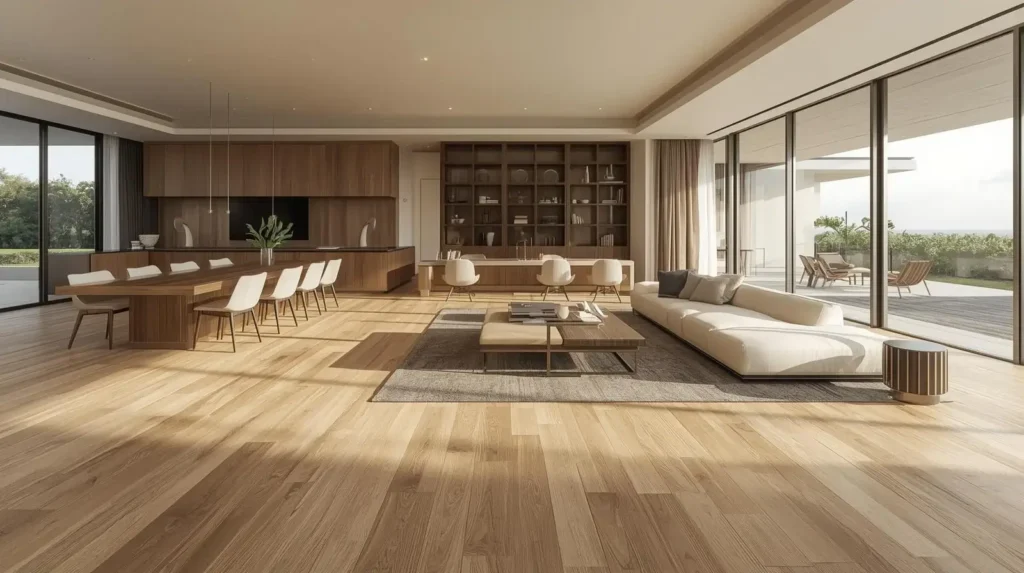 Wide-plank European oak flooring in a luxury Florida living room with natural light and refined finishes