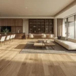 Wide-plank European oak flooring in a luxury Florida living room with natural light and refined finishes