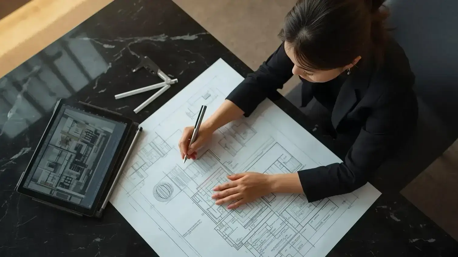 Architectural plans and tools arranged in an elegant workspace — representing Cavare’s efficient construction and permit coordination services.