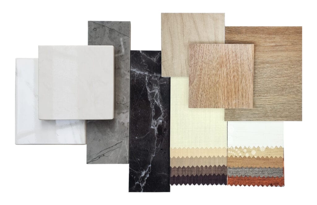 combination of interior material samples contain oak wooden ceramic flooring tiles, drapery fabric catalog palette, marble stones, stone granite tiles isolated on background with clipping path.