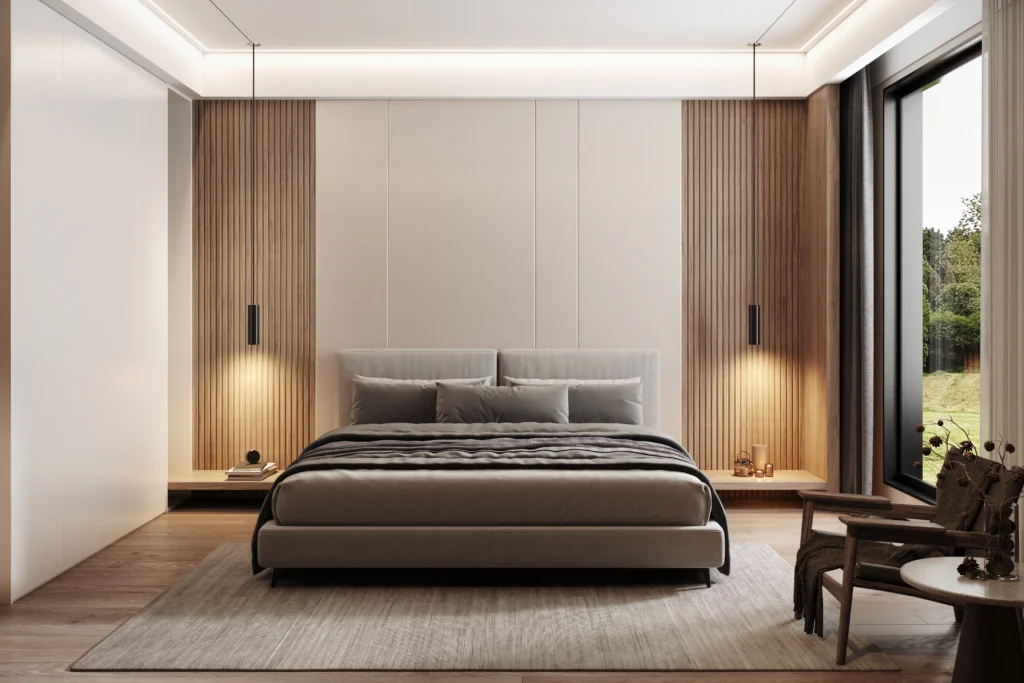 luxury custom bedroom with oak panels and pendants lights