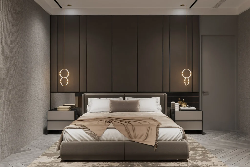 luxury high end bedroom with pendants lights and custom made panels