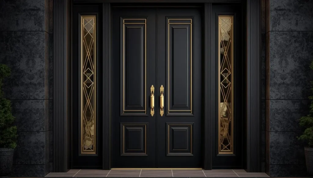 luxury exterior door, matte black finish with gold