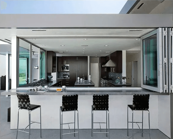 right handed+outswing+3+panels+black+aluminum+tempered+glass+bifold+window