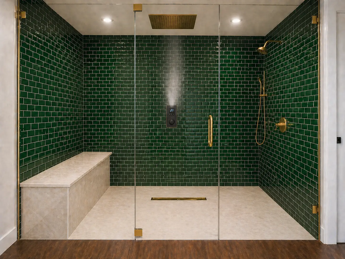 spa bathroom walking shower with golden finish