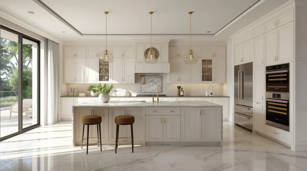 Custom luxury kitchen with built in wine storage, personalized island, and high-end finishes