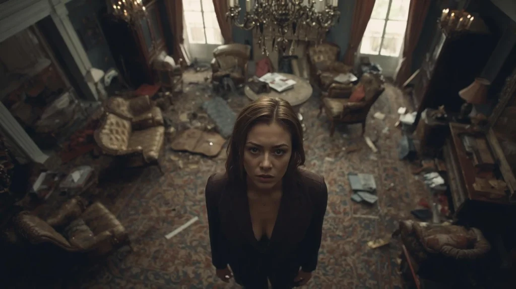 create a luxury house very desorganized with someone very depressed inside the house