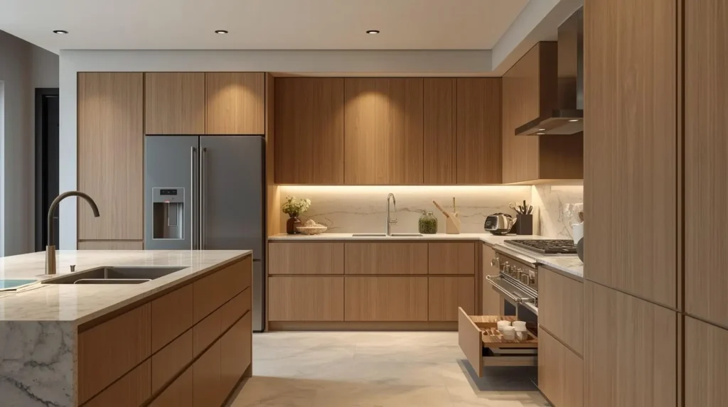Luxury kitchen with custom cabinetry, hidden appliances, matte wood finishes, and seamless storage solutions