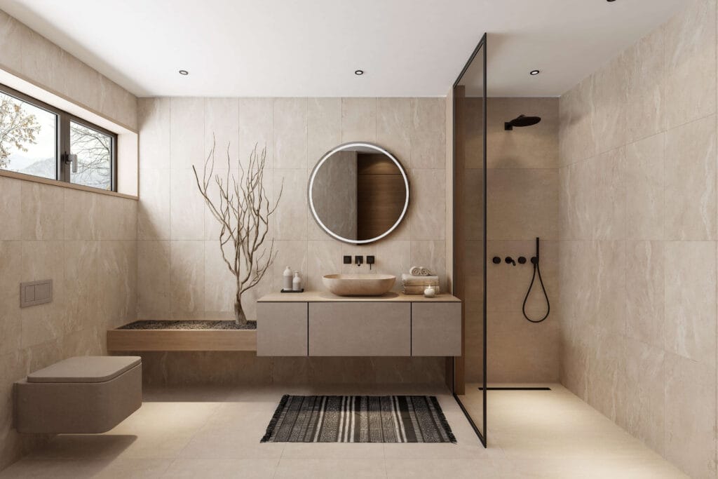 High-end bathroom design with walk-in glass shower, floating vanity, and backlit mirror in Naples Florida