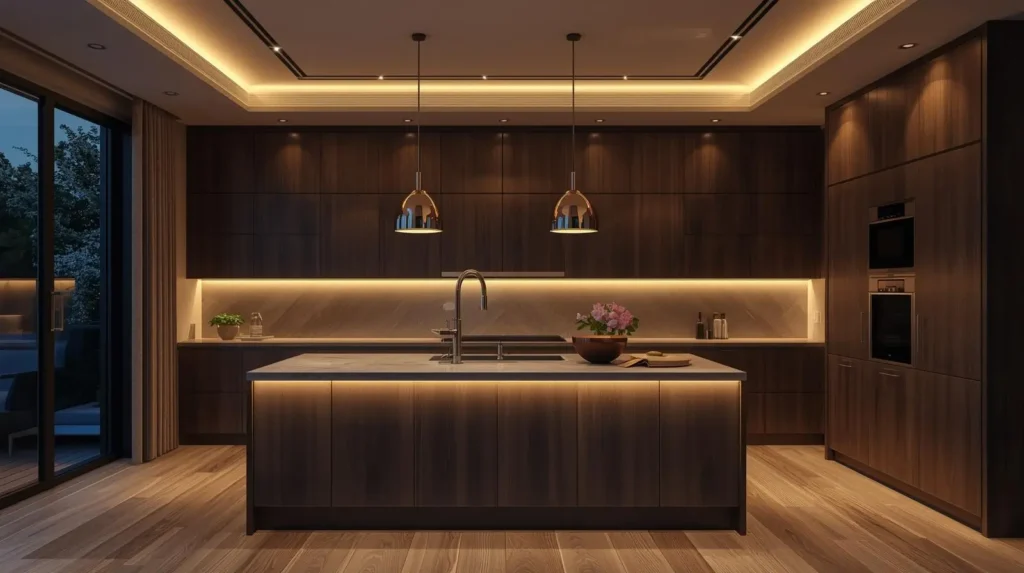Luxury kitchen with layered lighting including pendant lights, under cabinet lighting, and ambient glow