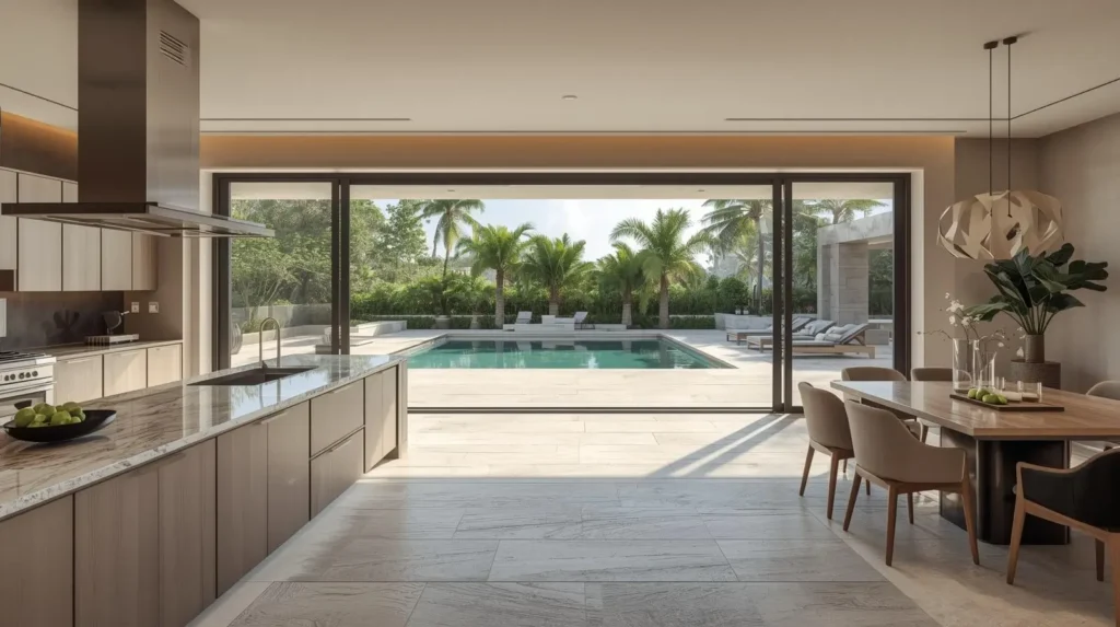 Luxury kitchen in South Florida with seamless indoor outdoor integration, sliding glass doors, stone flooring, and poolside view