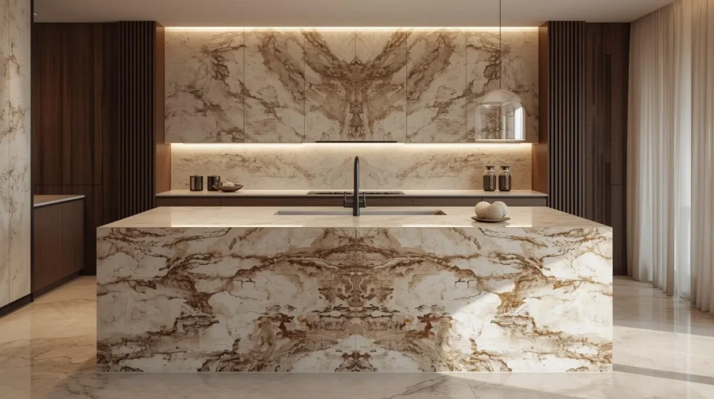 Quartzite Waterfall Island in Luxury Kitchen Design