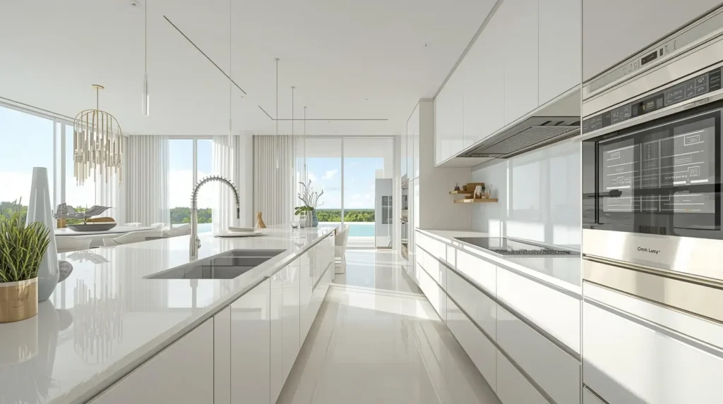 Modern luxury kitchen with integrated smart appliances, touchless faucet, and seamless technology design