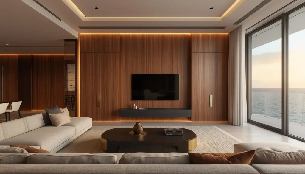 wall units with oak panles and led lights
