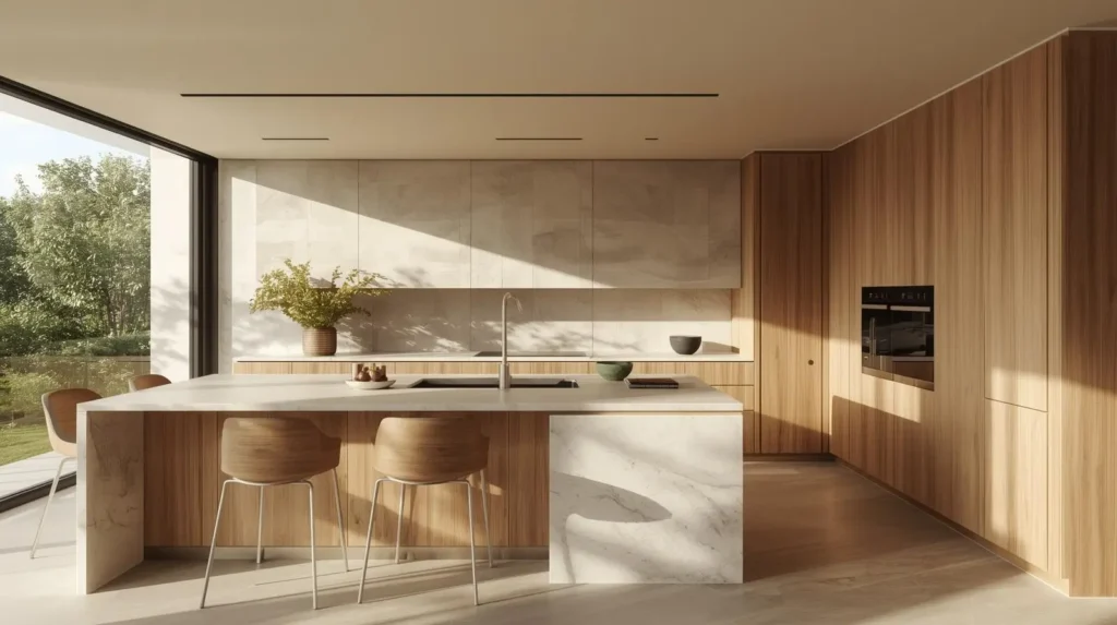 Warm minimalist kitchen with wood cabinetry, neutral tones, stone countertops, and soft natural lighting