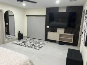 master bedroom and tv stand wall deco