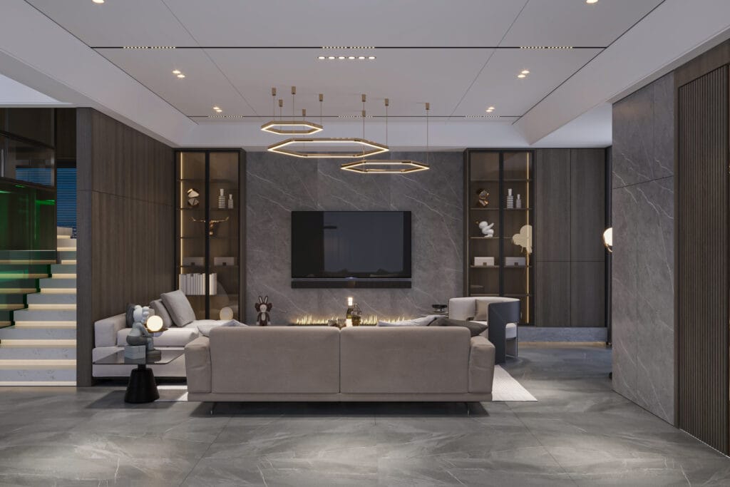 chic living room interior in gray colors