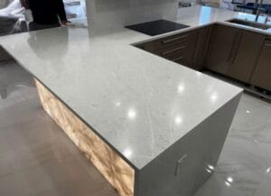 cashmere kitchen, handleless kitchen, modern kitchen design, luxury kitchen, taj mahal quartzite, taj mahal countertops, contemporary kitchen, custom cabinetry,crystal light countertop