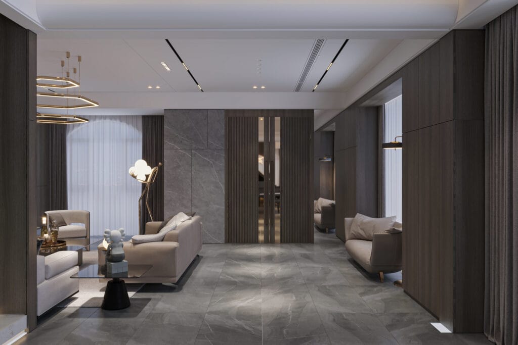 cozy living room with modern furniture and features lighting
