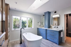 contemporary bathroom design with freestanding porcelain bathtub