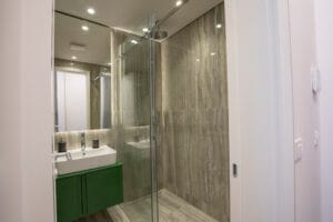interior of a bathroom interior with shower cabin