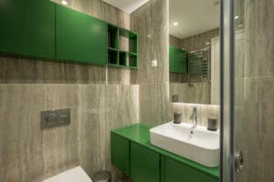 interior of a bathroom with marble walls