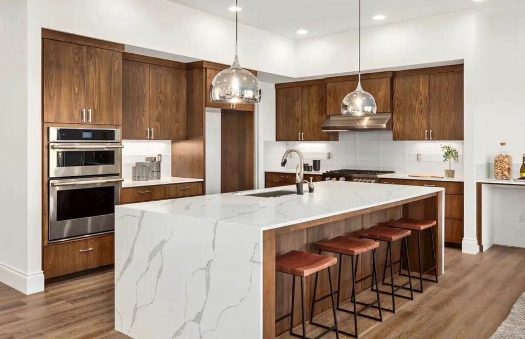oak kiychen cabinets with white countertop quartz