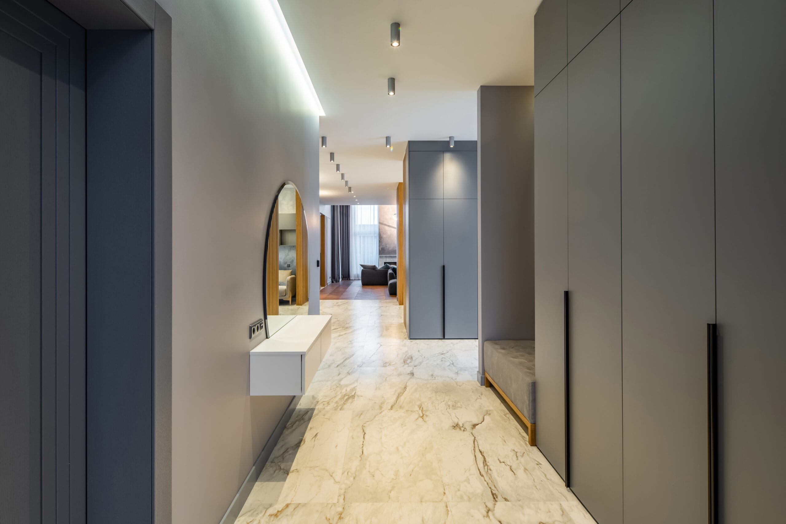 modern interior of luxury private house. grey tones. entrance hall.